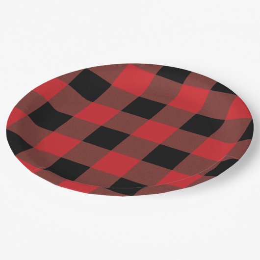 Rot und Schwarz Kariert Pappteller (Schrägansicht)
