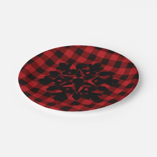 Rot und Schwarz kariert - Schneeflocke Pappteller (Schrägansicht)