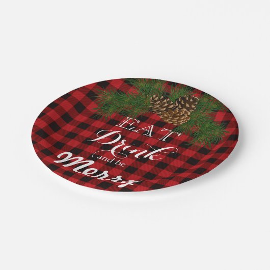 Rot und Schwarz kariert - Trinken und Merken. Pappteller (Schrägansicht)