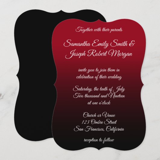 Rot und Schwarz Ombre Elegante Calligrafy Wedding Einladung (Vorne/Hinten)