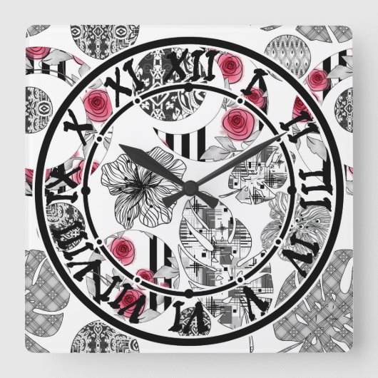 Rot und Schwarz, Quilt, Patchwork, rustikal, moder Quadratische Wanduhr (Vorderseite)