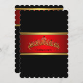 Rot und Schwarz Quinceanera Gold Tiara Geburtstag Einladung (Vorne/Hinten)