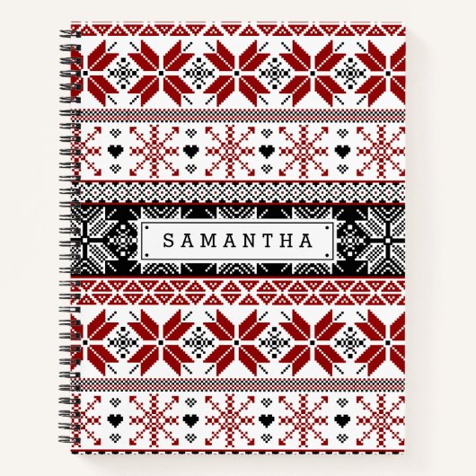 Rot und Schwarz Winter Messe Isle Pattern Notizbuch (Vorderseite)
