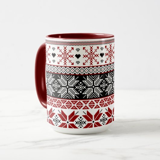 Rot und Schwarz Winter Messe Isle Pattern Tasse (Vorderseite Links)