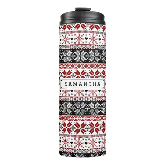 Rot und Schwarz Winter Messe Isle Pattern Thermosbecher (Vorderseite)