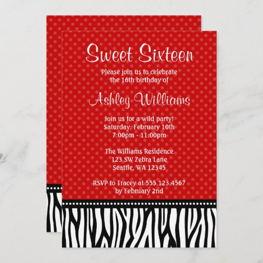 Rot und Schwarz Zebra Polka Dot Sweet 16 Einladung (Vorne/Hinten)