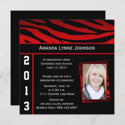 Rot und Schwarz Zebra Print Abschluss Einladung (Vorne/Hinten)