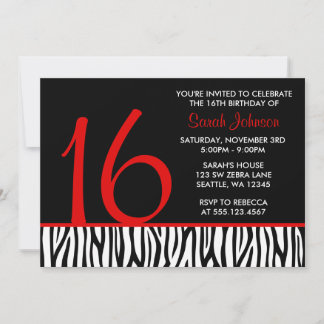 Rot und Schwarz Zebra Sweet 16 Number Birthday Einladung