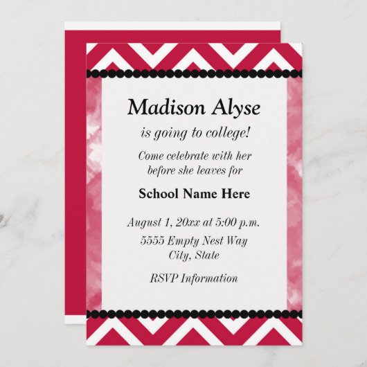 Rot und Schwarz Zickzack zur Uni Party einladen Einladung (Vorne/Hinten)