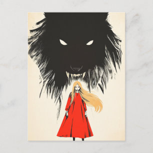 Rot und Schwarzer Wolf Dunkle Fantasie Fairytale Postkarte