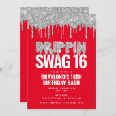 Rot und Silber Drippin Swag 16 Geburtstag Einladung (Vorne/Hinten)