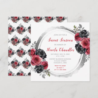 Rot und Silber Elegante Blume 16 . Geburtstag Einladung