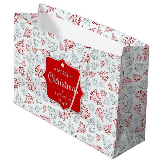 Rot und Silber Elegantes Weihnachtsbaummuster Große Geschenktüte (Vorderseite Schrägansicht)