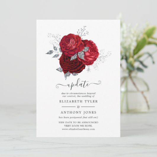 Rot und Silber Floral verschoben Hochzeit Einladung (Stehend Vorderseite)