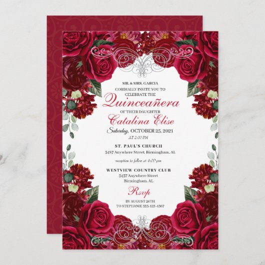 Rot und Silber Quinceanera Geburtstag Einladung (Vorne/Hinten)