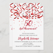 Rot und Silber Ribbon & Rot Confetti 50. Geburtsta Einladung (Vorne/Hinten)