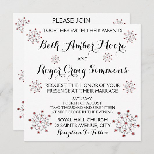 Rot und Silber Snowflake Einladung Hochzeit (Vorne/Hinten)