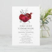 Rot und Silber Vintage Rose Heilige Kommune Einladung (Stehend Vorderseite)