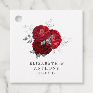 Rot und Silberner Glitzer Vintage Rose Hochzeit Geschenkanhänger
