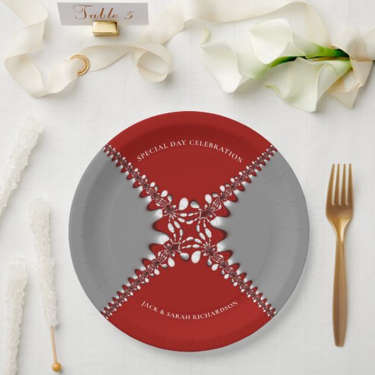 Rot und Silver Batik Fraktal Lace Pappteller (Hochzeit)