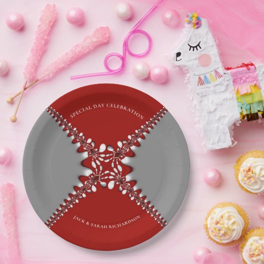 Rot und Silver Batik Fraktal Lace Pappteller (Party)