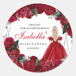 Rot und Silver Floral Quinceanera Runder Aufkleber