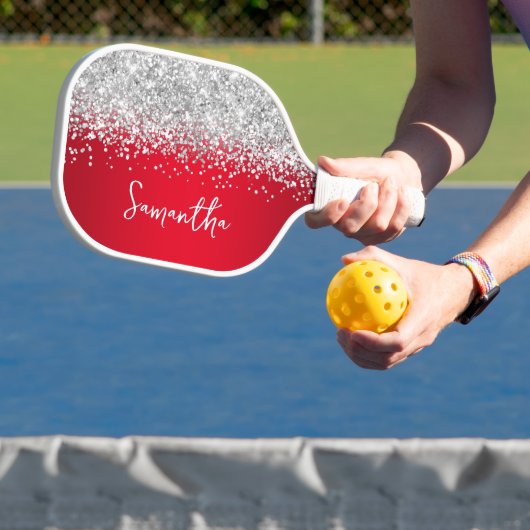Rot und Silver Glittery Glam Script Name Pickleball Schläger (InSitu)
