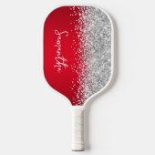 Rot und Silver Glittery Glam Script Name Pickleball Schläger (Vorderseite)