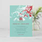 Rot und Türkis Bambus Blätter Zen-Asiatische Hochz Einladung (Stehend Vorderseite)