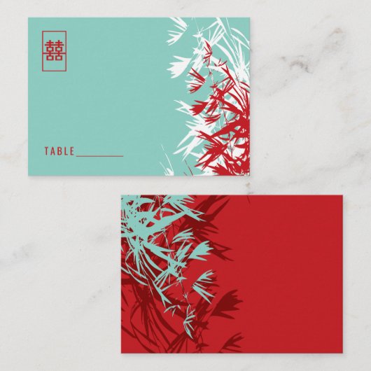 Rot und Türkis Bambus Blätter Zen-Asiatische Hochz Platzkarte (Vorne/Hinten)