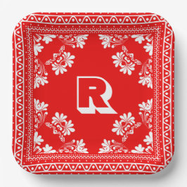Rot und weiß Bandana-Design mit Monogramm Pappteller