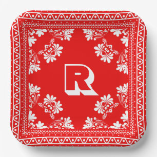 Rot und weiß Bandana-Design mit Monogramm Pappteller