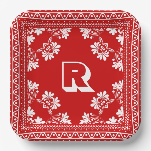 Rot und weiß Bandana-Design mit Monogramm Pappteller (Vorderseite)