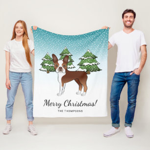 Rot und Weiß Boston Terrier in einem Winterwald Fleecedecke