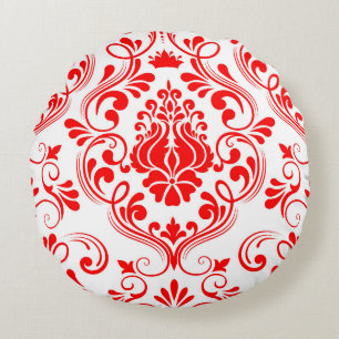 Rot und Weiß Damask Floral Elegantes Muster Rundes Kissen