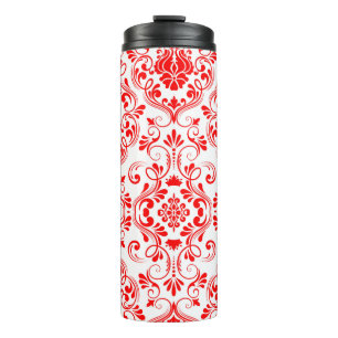 Rot und Weiß Damask Floral Elegantes Muster Thermosbecher
