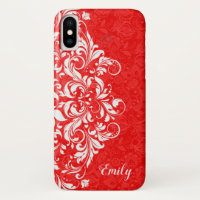 Rot und Weiß Elegante Girly Floral Lace Monogramm