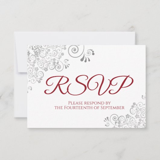 Rot und Weiß Elegante Silver Lace Wedding RSVP Karte (Vorderseite)