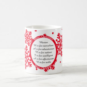 Rot und Weiß Elegante Snowflake Akrostischer Name Kaffeetasse