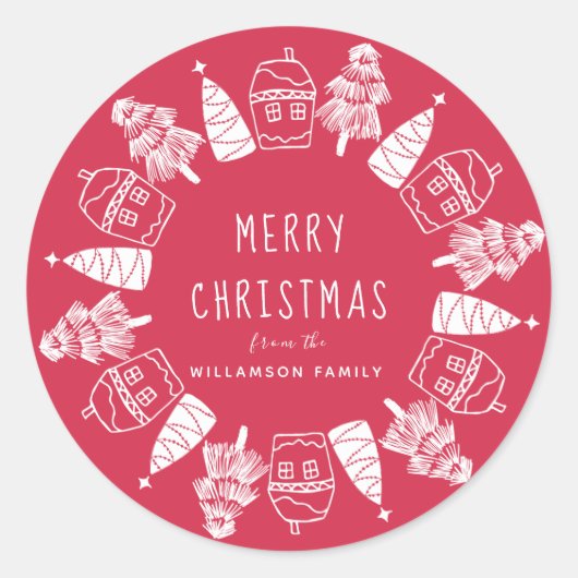 Rot und Weiß Frohe Weihnachten Custom Umschlag Auf Runder Aufkleber (Vorderseite)