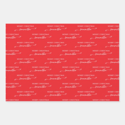 Rot und Weiß Frohe Weihnachten Niedlich Bow Name Geschenkpapier Set (Vorderseite)