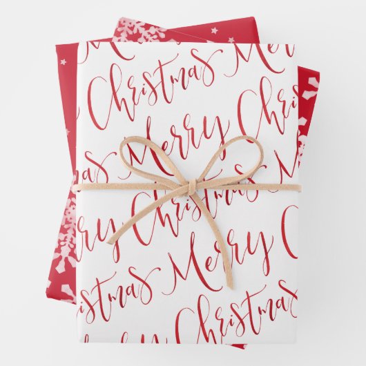 Rot und weiß frohe Weihnachtsschneeflocken Sterne Geschenkpapier Set (Beispiel)