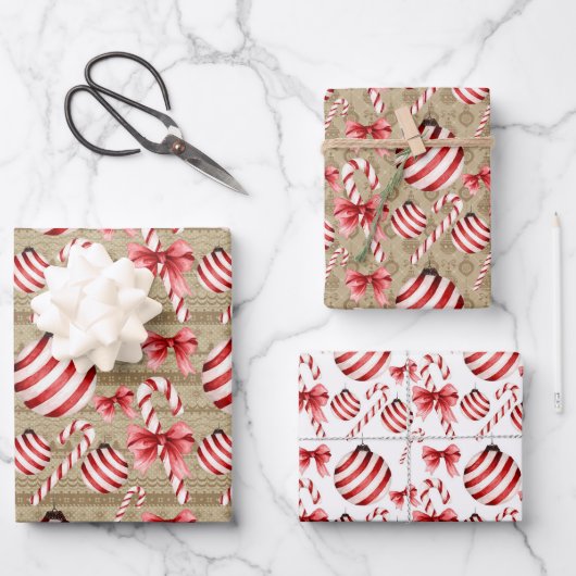 Rot und weiß gestreifte Bälle und Kanistöcke Geschenkpapier Set (Vorderseite)