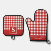 Rot und Weiß Gingham Kariert geprüft Mit Monogramm Ofenhandschuh & Topflappen-Set (Vorderseite)