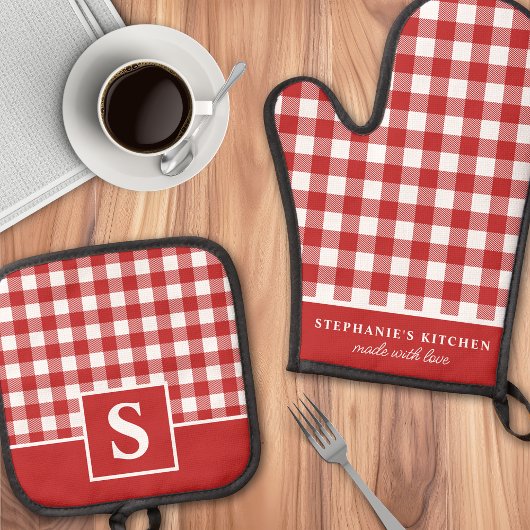 Rot und Weiß Gingham Kariert geprüft Mit Monogramm Ofenhandschuh & Topflappen-Set
