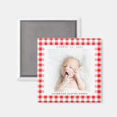 Rot und Weiß Gingham Karo Baby Birthdate Magnet (Vorderseite/Rückseite)