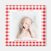 Rot und Weiß Gingham Karo Baby Birthdate Magnet (Vorne)