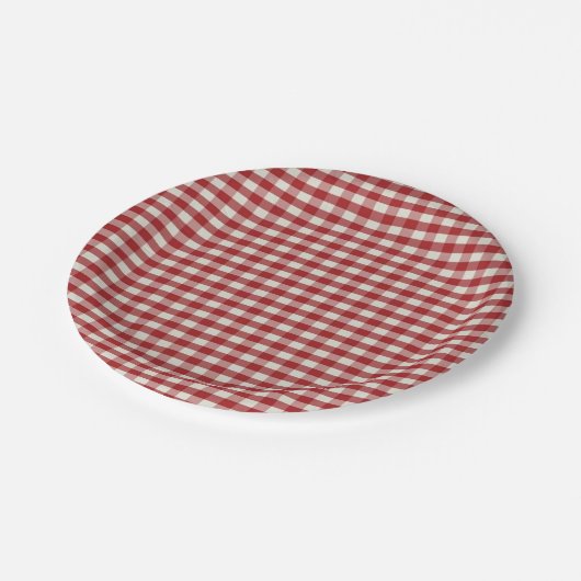 Rot und Weiß Gingham Pappteller (Schrägansicht)