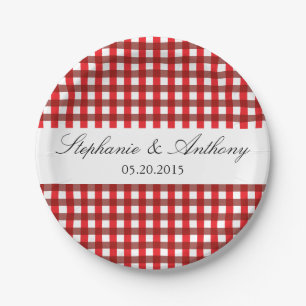 Rot und Weiß Gingham Pattern Barbeque Wedding Pappteller