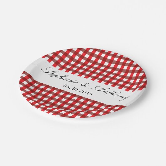 Rot und Weiß Gingham Pattern Barbeque Wedding Pappteller (Schrägansicht)